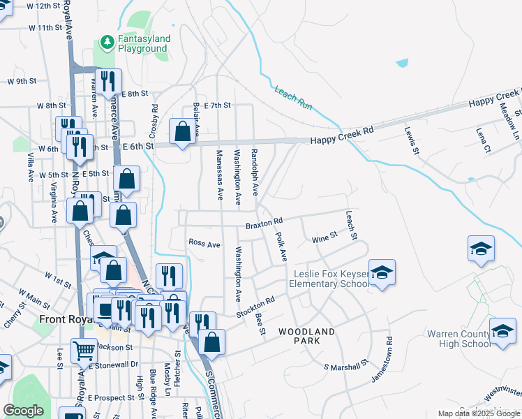 map of restaurants, bars, coffee shops, grocery stores, and more near 801 Happy Creek Road in Front Royal