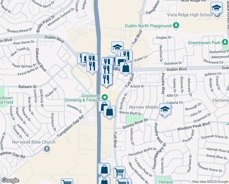 map of restaurants, bars, coffee shops, grocery stores, and more near 6378 Rockville Drive in Colorado Springs
