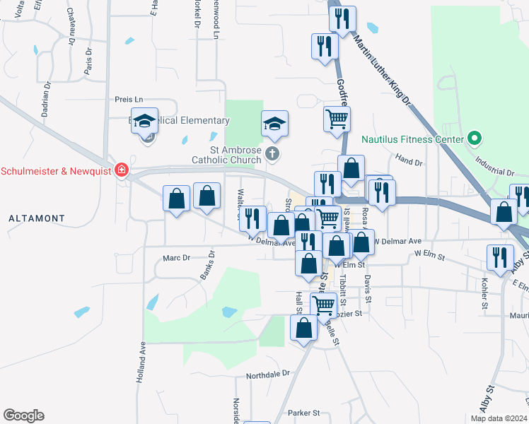 map of restaurants, bars, coffee shops, grocery stores, and more near 2716 Saint Ambrose Drive in Godfrey