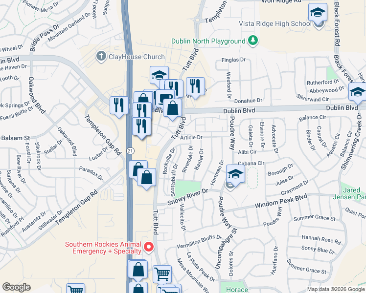 map of restaurants, bars, coffee shops, grocery stores, and more near 6321 Scottsbluff Drive in Colorado Springs