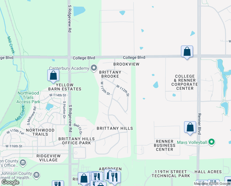 map of restaurants, bars, coffee shops, grocery stores, and more near 11245 South Penrose Street in Olathe