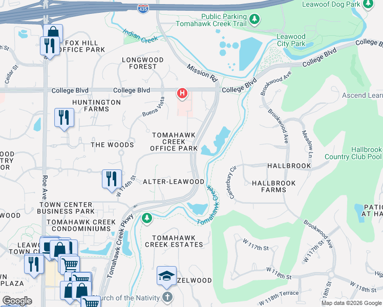 map of restaurants, bars, coffee shops, grocery stores, and more near 2105 114th Street in Leawood