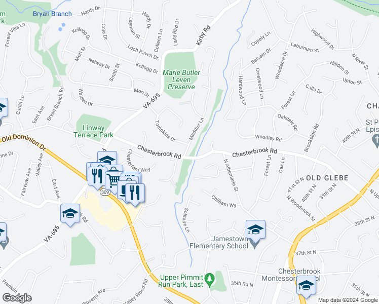 map of restaurants, bars, coffee shops, grocery stores, and more near 1641 Maddux Lane in McLean