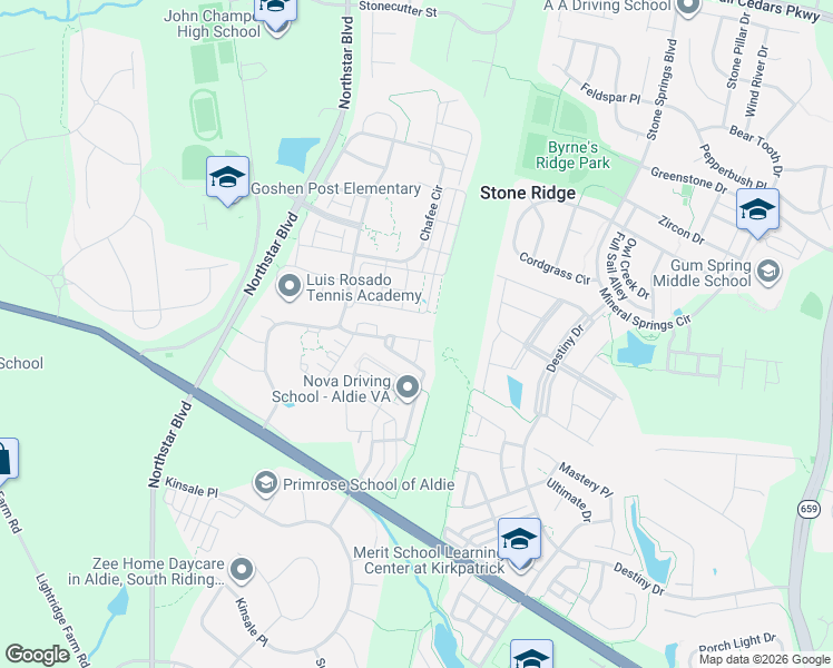map of restaurants, bars, coffee shops, grocery stores, and more near 25057 Prairie Fire Square in Aldie