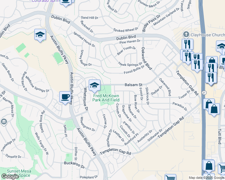 map of restaurants, bars, coffee shops, grocery stores, and more near 6102 Corinth Drive in Colorado Springs