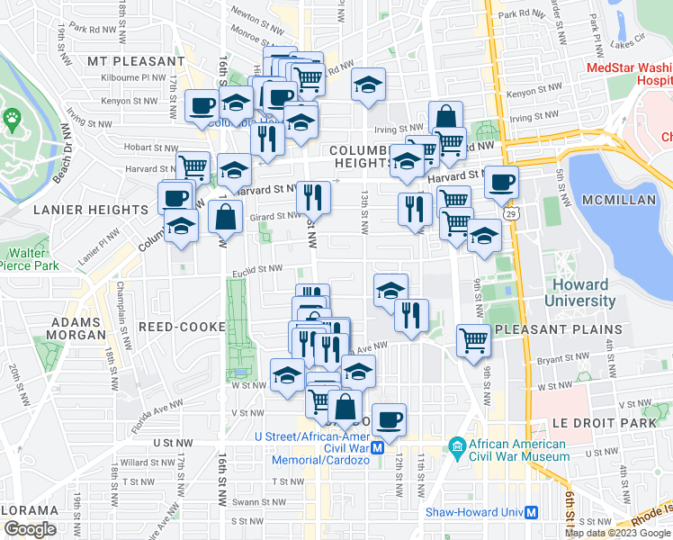 map of restaurants, bars, coffee shops, grocery stores, and more near 1348 Euclid Street Northwest in Washington