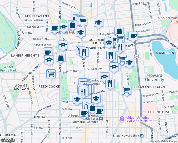 map of restaurants, bars, coffee shops, grocery stores, and more near 1354 Euclid Street Northwest in Washington