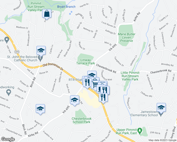 map of restaurants, bars, coffee shops, grocery stores, and more near 1654 Kirby Road in McLean