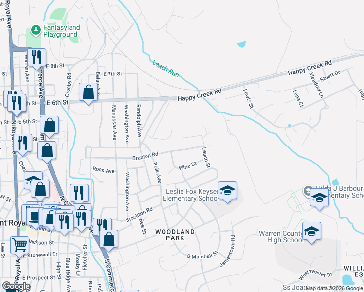 map of restaurants, bars, coffee shops, grocery stores, and more near 1034 Braxton Road in Front Royal