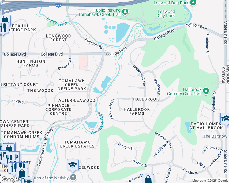 map of restaurants, bars, coffee shops, grocery stores, and more near 11305 Canterbury Court in Leawood
