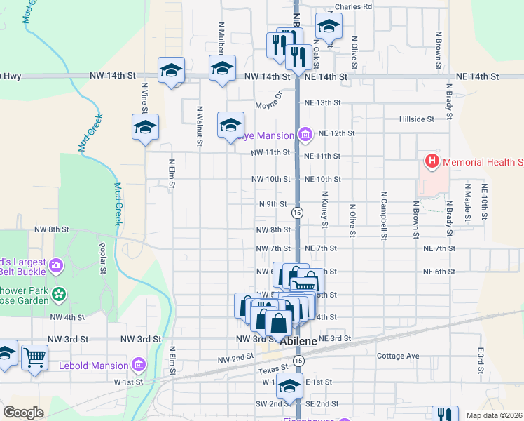 map of restaurants, bars, coffee shops, grocery stores, and more near 813 North Cedar Street in Abilene