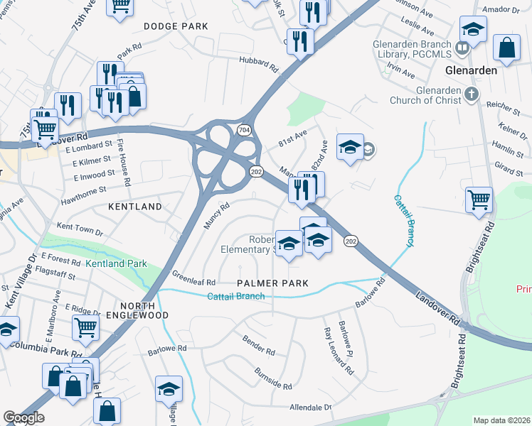 map of restaurants, bars, coffee shops, grocery stores, and more near 7758 Normandy Road in Greater Landover