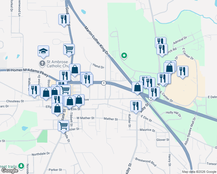 map of restaurants, bars, coffee shops, grocery stores, and more near 2718 Gerson Avenue in Godfrey