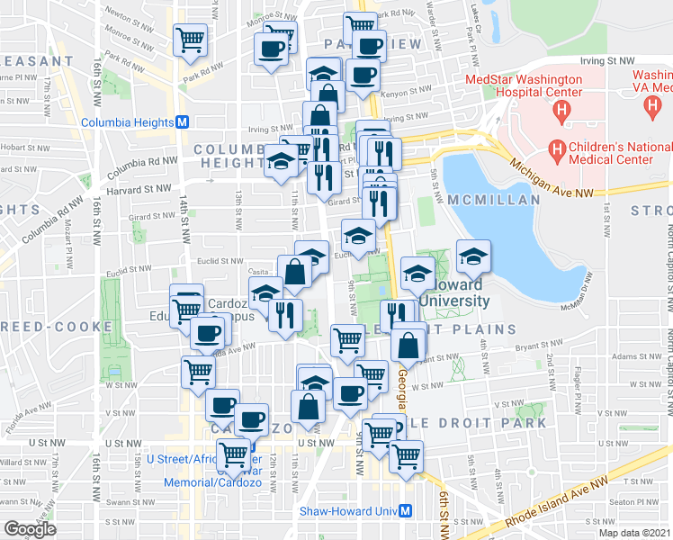 map of restaurants, bars, coffee shops, grocery stores, and more near 2531 Sherman Avenue Northwest in Washington