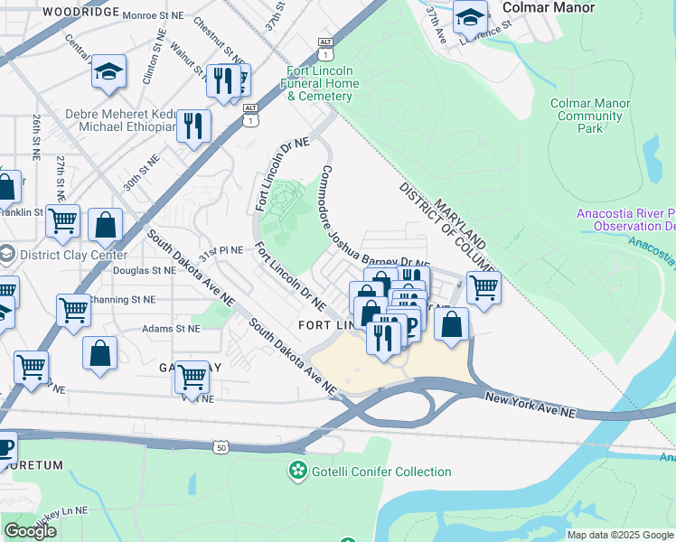 map of restaurants, bars, coffee shops, grocery stores, and more near 3612 Wright Terrace in Washington