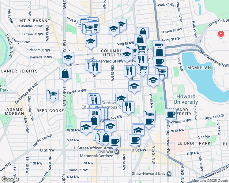 map of restaurants, bars, coffee shops, grocery stores, and more near 2539 13th Street Northwest in Washington