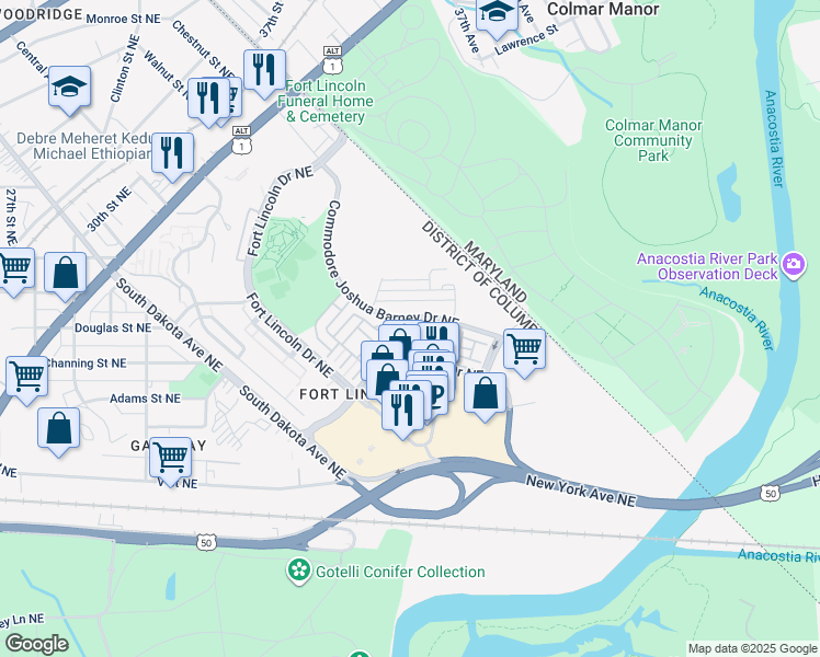 map of restaurants, bars, coffee shops, grocery stores, and more near 2523 Ralph Ellison Way Northeast in Washington