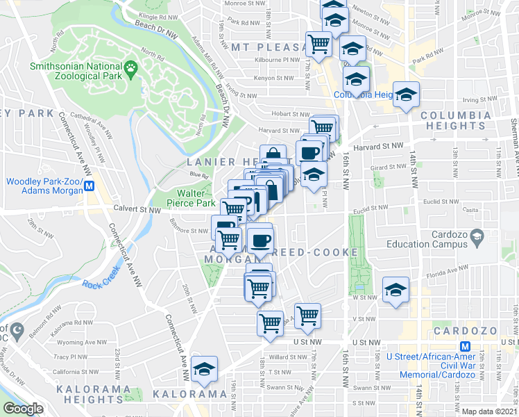 map of restaurants, bars, coffee shops, grocery stores, and more near 1771 Columbia Road Northwest in Washington