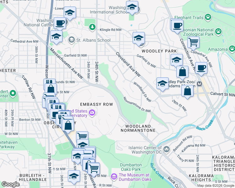 map of restaurants, bars, coffee shops, grocery stores, and more near 3289 Massachusetts Avenue Northwest in Washington