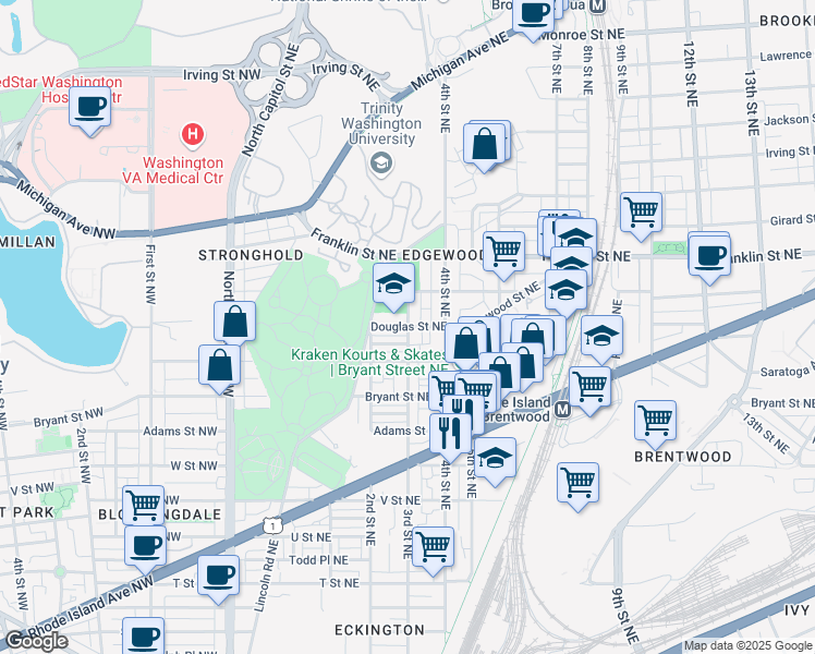 map of restaurants, bars, coffee shops, grocery stores, and more near 301 Douglas Street Northeast in Washington