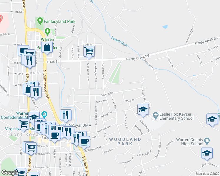 map of restaurants, bars, coffee shops, grocery stores, and more near 313 Polk Avenue in Front Royal