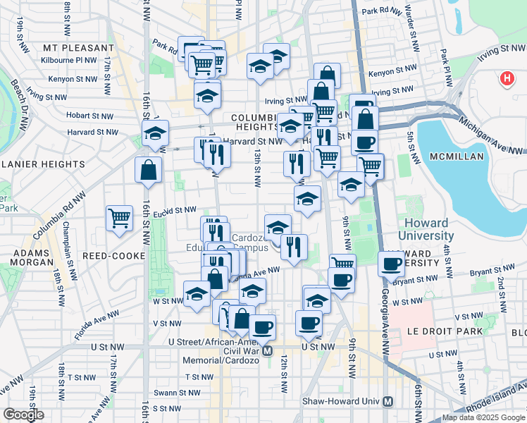 map of restaurants, bars, coffee shops, grocery stores, and more near 2539 13th Street Northwest in Washington