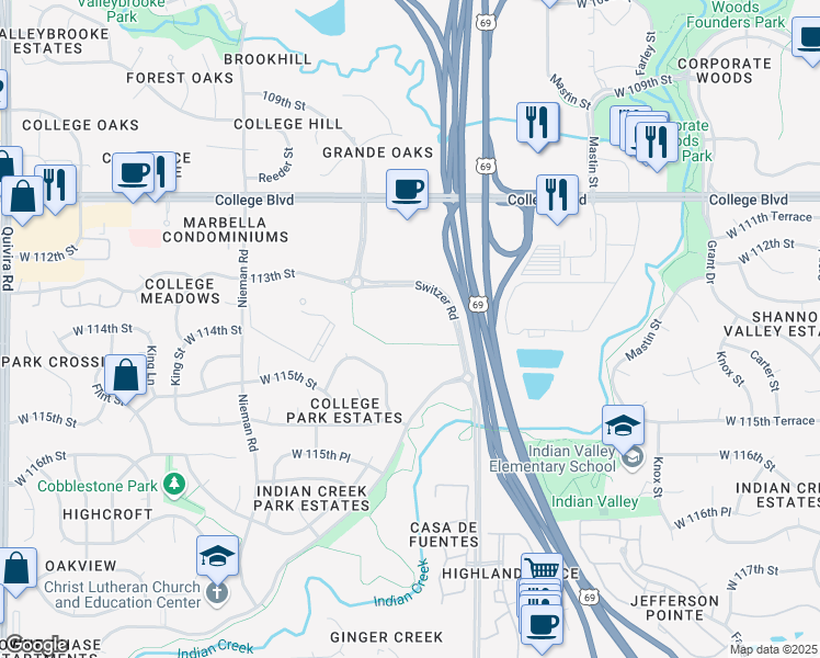map of restaurants, bars, coffee shops, grocery stores, and more near 11350 Switzer Road in Overland Park