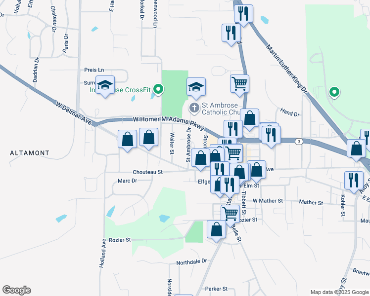 map of restaurants, bars, coffee shops, grocery stores, and more near 2716 Saint Ambrose Drive in Godfrey