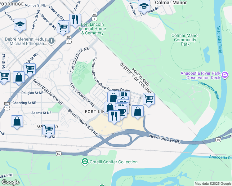 map of restaurants, bars, coffee shops, grocery stores, and more near 2523 Ralph Ellison Way Northeast in Washington