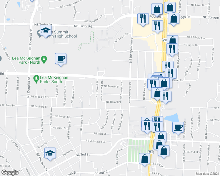 map of restaurants, bars, coffee shops, grocery stores, and more near 609 Northeast Darwin Street in Lee's Summit