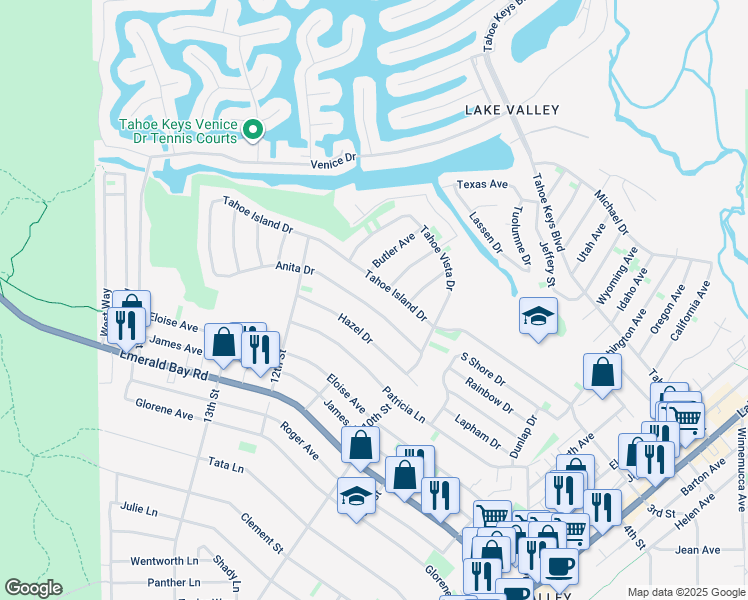 map of restaurants, bars, coffee shops, grocery stores, and more near 765 Anita Drive in South Lake Tahoe