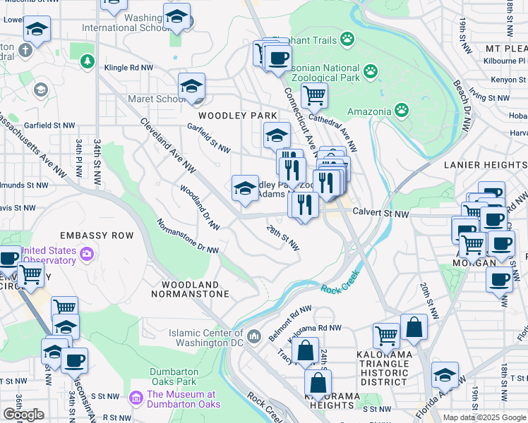 map of restaurants, bars, coffee shops, grocery stores, and more near 2701 Calvert Street Northwest in Washington