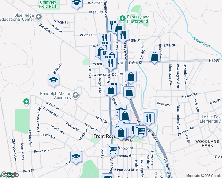 map of restaurants, bars, coffee shops, grocery stores, and more near 327 North Royal Avenue in Front Royal