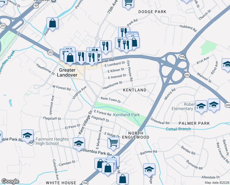 map of restaurants, bars, coffee shops, grocery stores, and more near 7105 Greeley Road in Greater Landover
