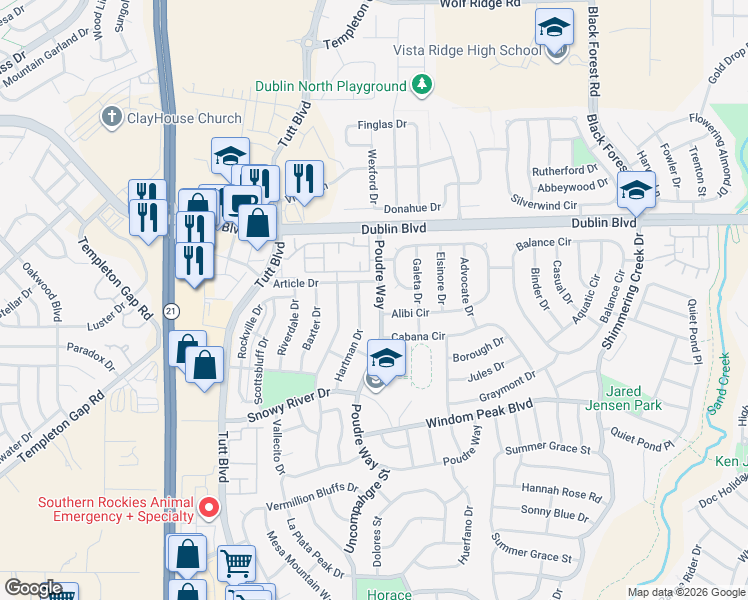 map of restaurants, bars, coffee shops, grocery stores, and more near 6282 Poudre Way in Colorado Springs