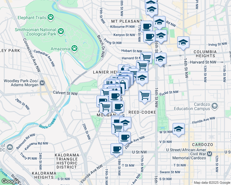 map of restaurants, bars, coffee shops, grocery stores, and more near 1777 Columbia Road Northwest in Washington