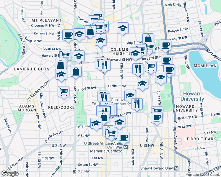 map of restaurants, bars, coffee shops, grocery stores, and more near 1354 Euclid Street Northwest in Washington