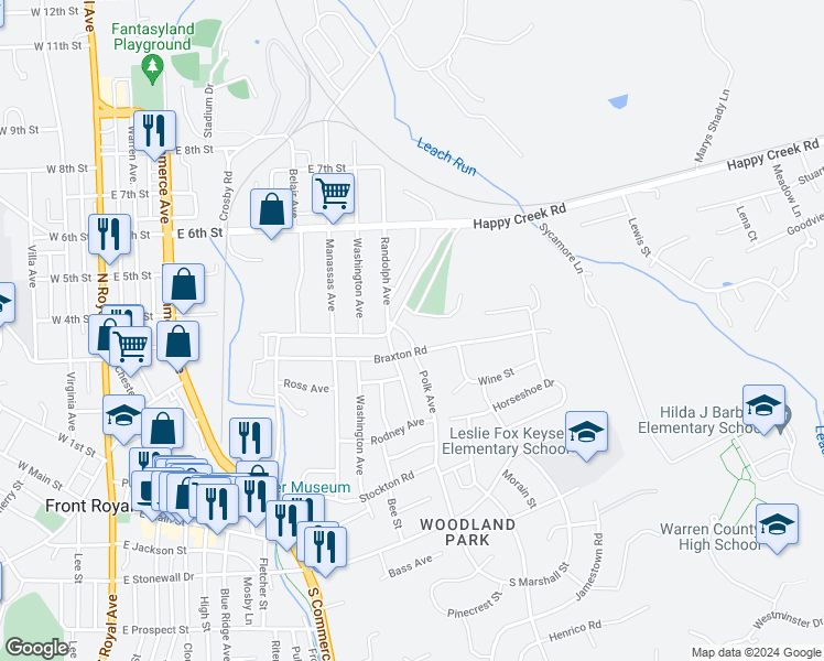 map of restaurants, bars, coffee shops, grocery stores, and more near 313 Polk Avenue in Front Royal