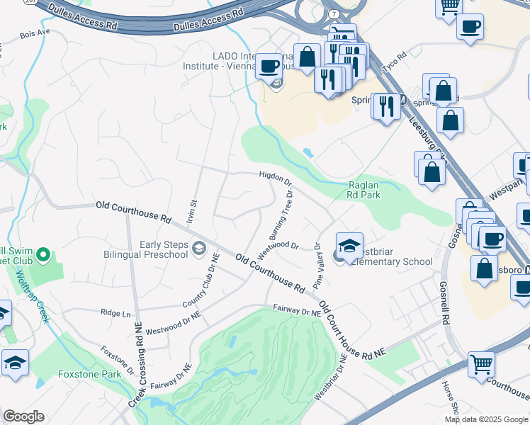 map of restaurants, bars, coffee shops, grocery stores, and more near 1711 Larkmeade Drive in Vienna
