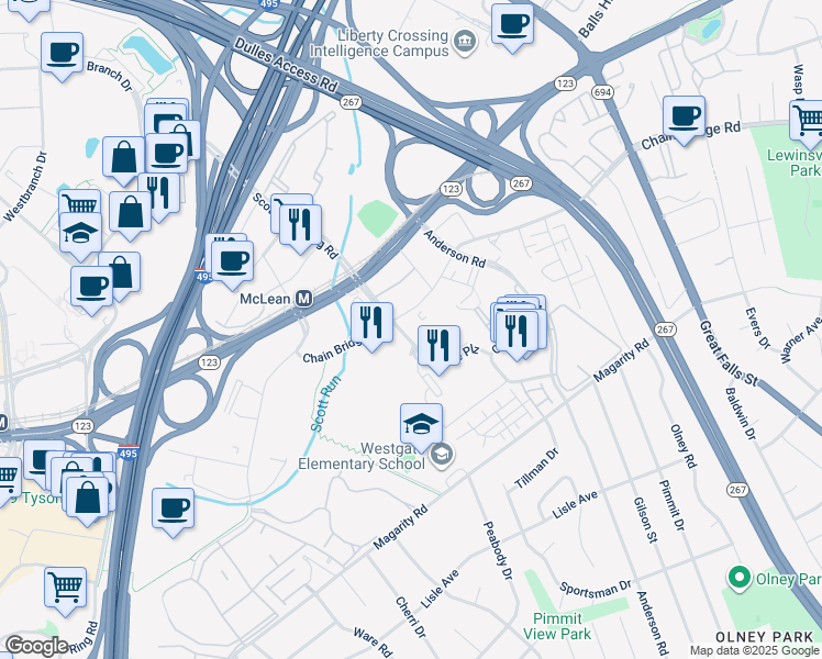 map of restaurants, bars, coffee shops, grocery stores, and more near 7594 Colshire Drive in McLean