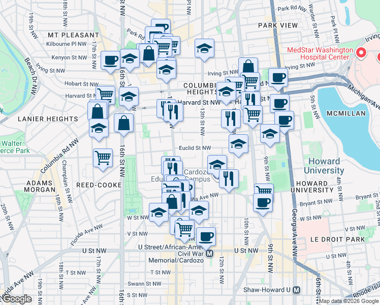 map of restaurants, bars, coffee shops, grocery stores, and more near 101 Independence Avenue Southeast in Washington