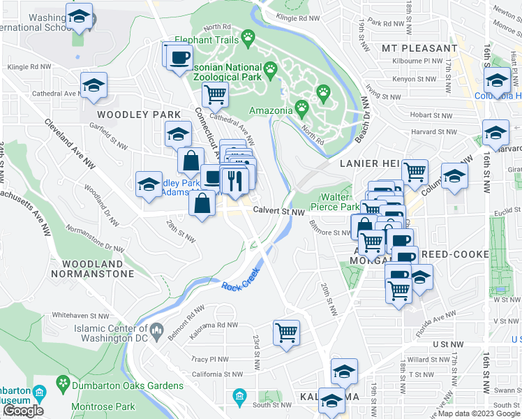 map of restaurants, bars, coffee shops, grocery stores, and more near Calvert St NW & Woodley Pl NW in Washington