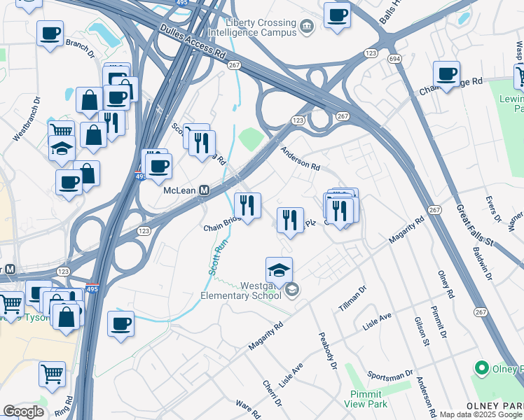 map of restaurants, bars, coffee shops, grocery stores, and more near 7551 Colshire Drive in Tysons