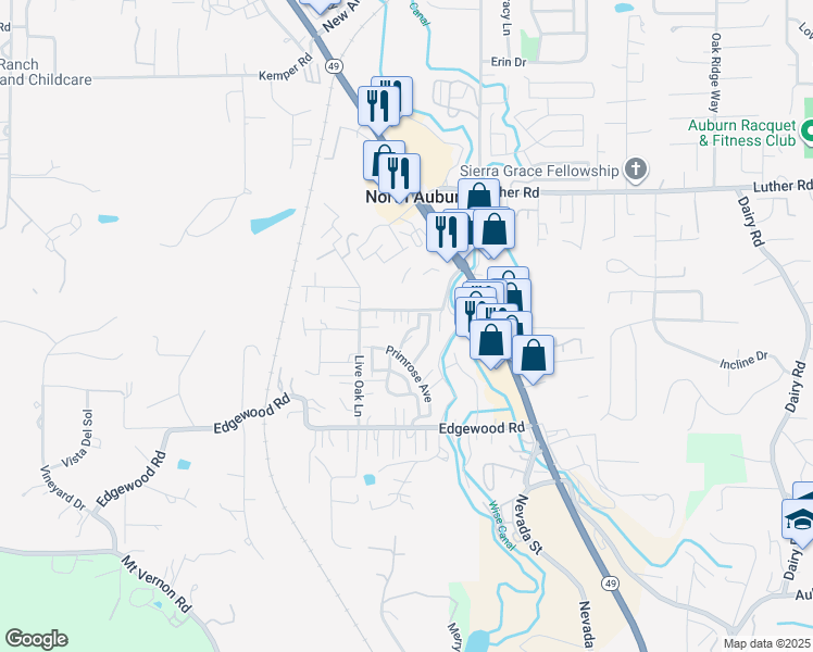 map of restaurants, bars, coffee shops, grocery stores, and more near 1440 Live Oak Lane in Auburn