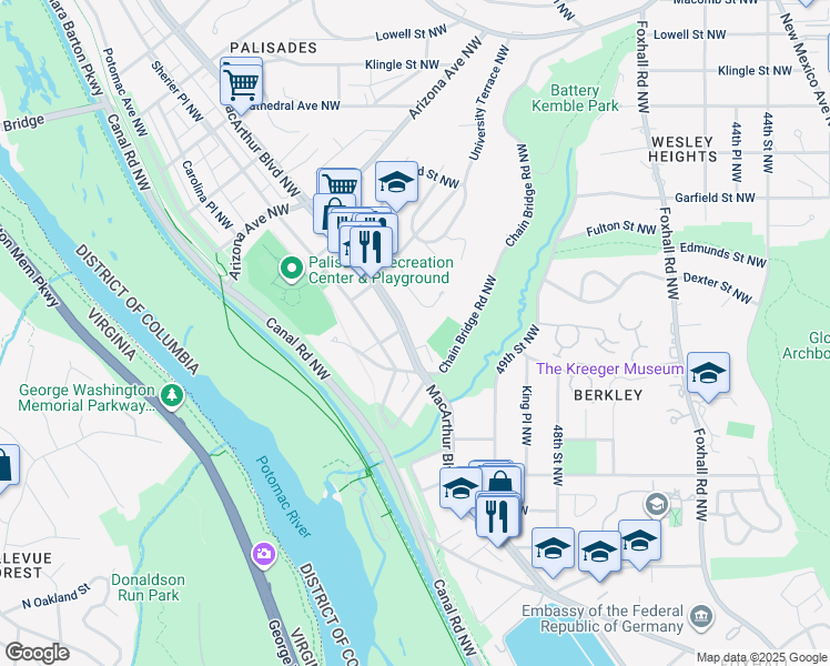 map of restaurants, bars, coffee shops, grocery stores, and more near 5027 MacArthur Boulevard Northwest in Washington