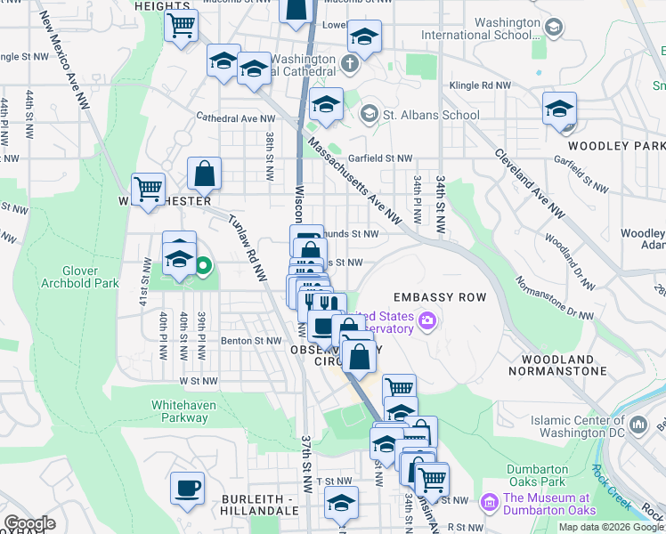 map of restaurants, bars, coffee shops, grocery stores, and more near 3604 Davis Street Northwest in Washington