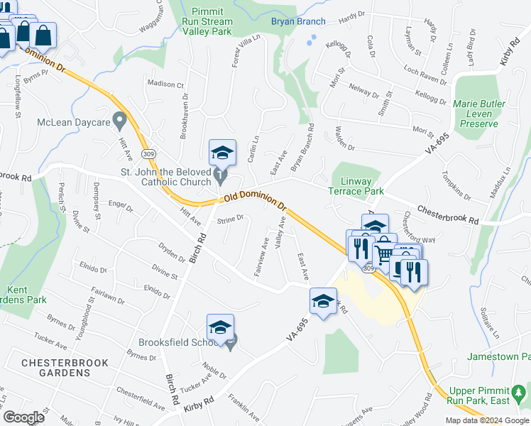 map of restaurants, bars, coffee shops, grocery stores, and more near 6351 Old Dominion Drive in McLean