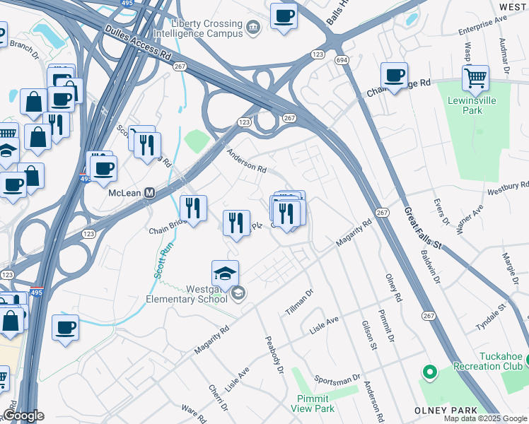 map of restaurants, bars, coffee shops, grocery stores, and more near 7430 Colshire Drive in McLean
