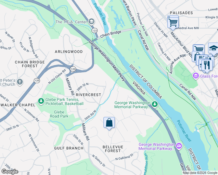 map of restaurants, bars, coffee shops, grocery stores, and more near 3560 36th Road North in Arlington