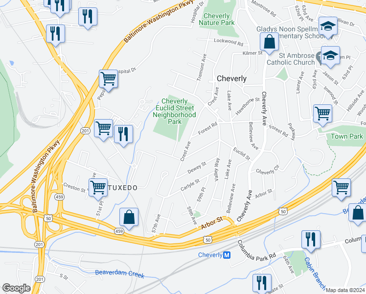 map of restaurants, bars, coffee shops, grocery stores, and more near 2710 Crest Avenue in Cheverly
